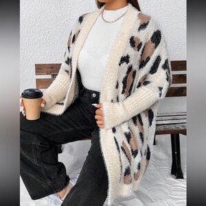 Luxe Comfy Leopard Print Ling Cuff Sleeve Open Front Knit Sweater Cardigan